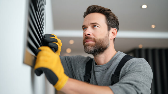 Technician inspecting ceiling ventilation vent, maintenance service. Man wearing yellow gloves checking air system, HVAC inspection, home improvement, cleaning, airflow quality, indoor environment.