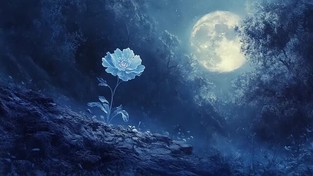 Moonlit Night with Blooming Flower Fantasy Scene.