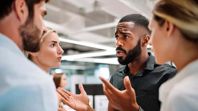 Business team disagreement during meeting at modern office. Coworkers debating project ideas, professional conflict resolution, diverse group communication, workplace teamwork collaboration discussion