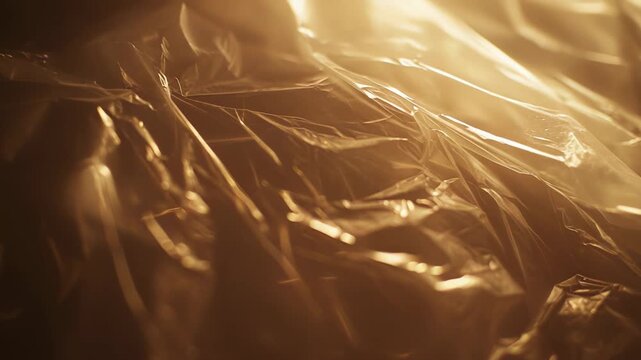 Crumpled golden texture of translucent plastic wrap creating abstract patterns with light reflections and shadow play, offering a versatile background