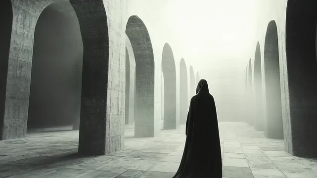 Mysterious Figure in Arched Corridor Walking Away.