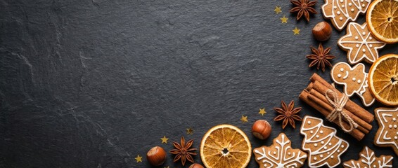 Festive baking delight gingerbread cookies and spices on rustic slate background holiday season food photography warm atmosphere close-up view