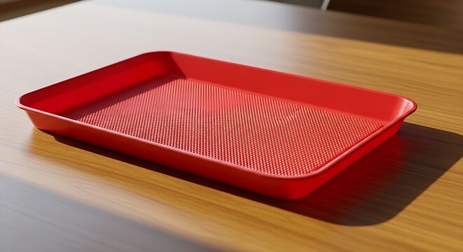 Bright red rectangular plastic tray featuring a textured non slip bottom surface rests on a warm wooden tabletop under natural sunlight casting a distinct shadow.