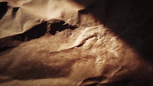 Distressed brown paper creating a vintage texture, featuring dramatic shadows and highlights across its crumpled surface, useful for backgrounds and aged effects