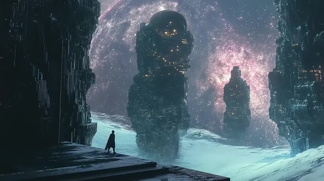Mysterious alien landscape with towering structures and a lone explorer.