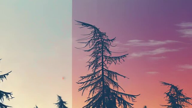 Evergreen forest silhouettes standing against a split twilight sky, illustrating the transition from a cool morning blue to warm sunset hues, highlighting natural color contrasts