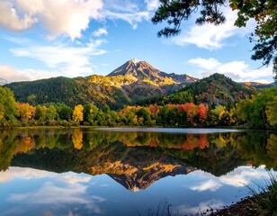 Autumnal mountain reflected perfectly on a tranquil lake under a vibrant blue sky with scattered clouds
