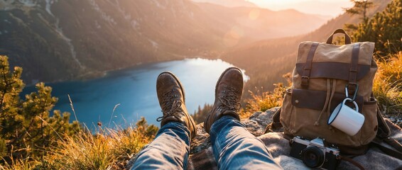 Adventure seeking hikers relaxing by scenic lake mountain landscape nature photography tranquil environment close-up view outdoor lifestyle