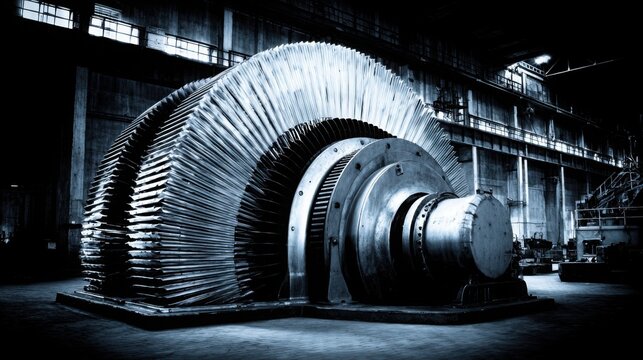 Massive industrial generator turbine rotor with metallic blades inside a dark factory setting showcasing immense power generation capabilities