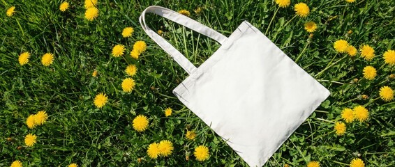 Creative blank tote bag surrounded by vibrant yellow flowers in a lush green field nature photography outdoor setting fresh and bright concept