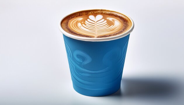 A Blue Disposable Paper Coffee Cup With Beautiful Latte Art On Top Featuring A Delicate Rosetta Design The Takeaway Coffee Is Isolated On A Clean White Background
