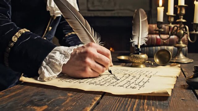 Historical writer using a quill pen to write on old parchment paper by candlelight.