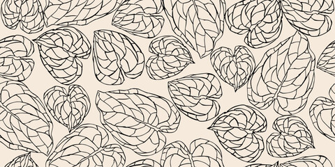 An abstract, hand-drawn line drawing of a Monstera deliciosa plant, featuring a seamless floral design suitable for fabrics, textiles, clothing, posters, covers, banners, and backgrounds. Vector graph