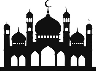A simple black silhouette of a mosque with domes and minarets on a white background. © SAMIRAAKTHER