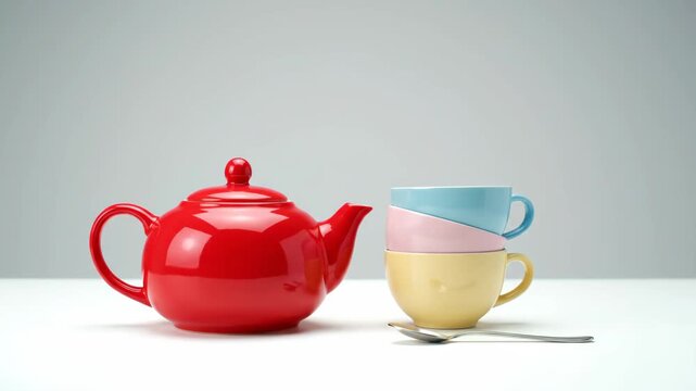 A vibrant red teapot and stacked colorful teacups with a spoon levitate briefly in a clean studio. Good for design projects.