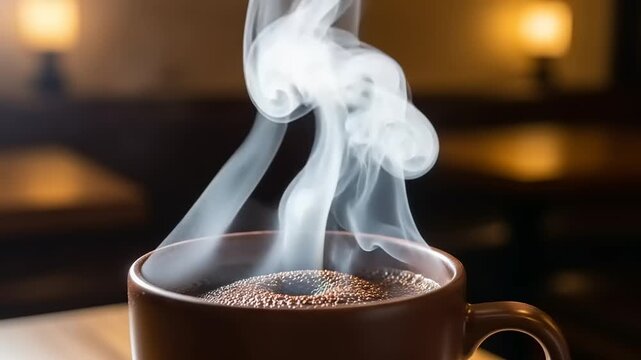 Steaming Hot Coffee in Brown Mug.