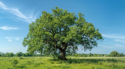Fototapeta premium Majestic old oak tree standing tall in a lush green meadow under a clear blue sky