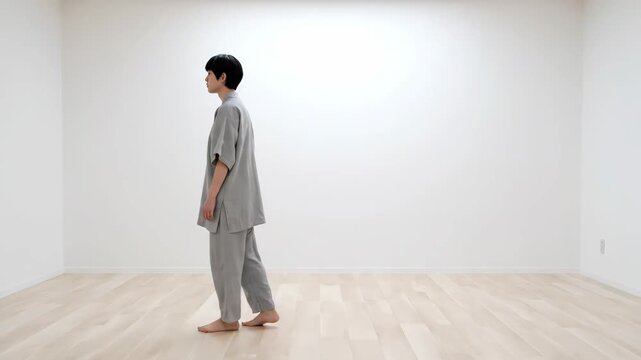 A young person performs slow, deliberate steps and a respectful bow in a tranquil, bright room with white walls.