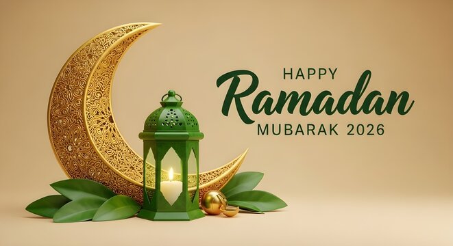 Happy ramadan mubarak 20026 greeting with green lantern and golden crescent moon