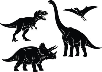 Collection of Predatory Theropod Dinosaur Silhouettes and a Large Long Neck Brachiosaurus Sauropod Isolated on a White Background for Design. © AbuHuraira