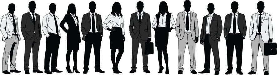 Fototapeta premium Business professionals silhouettes lineup, confident men and women in suits, corporate leadership and teamwork concept, modern vector illustration