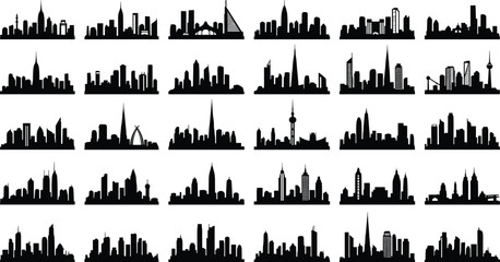 Fototapeta premium City skyline silhouettes collection isolated on white background, featuring modern urban skylines, famous landmarks, downtown architecture panorama set