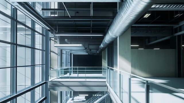 Contemporary high tech industrial building interior featuring multiple levels, expansive glass walls, metal structures, and visible ventilation pipes, creating a spacious and empty atmosphere