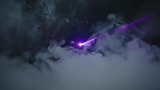 Horizontal video of multicolored laser beams creating dynamic patterns through smoke in a dark indoor space at night. Vibrant light effects, haze and motion form an energetic club or stage atmosphere,