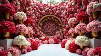 Fototapeta premium A lavish, symmetrical floral installation features a golden circular frame set against a dense wall of red, pink, and white blooms. 