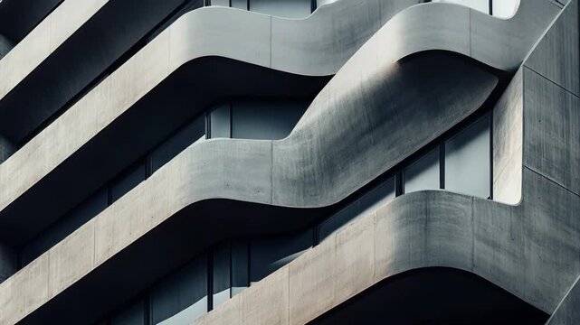Concrete facade of a contemporary building having a distinct architectural style with flowing lines and wave like balconies creating dynamic urban patterns