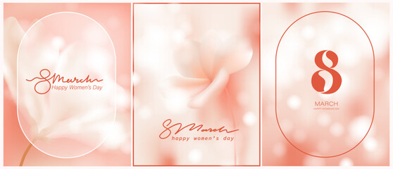 Spring ethereal gentle pink and white magnolia flower. Blurred unfocused background with flower and bokeh. Soft gradient. Delicate macro botanical, natural vector illustration. 8 March lettering. © olechkaart