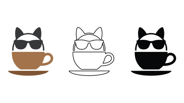Three stylized coffee cups with cat ears and sunglasses.