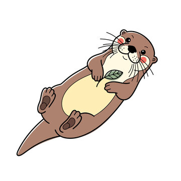 Cartoon Otter Holding Leaf Illustration.