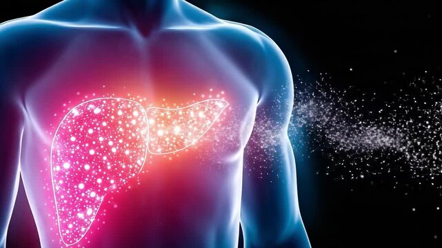 3D medical illustration of a human torso with a glowing, highlighted liver. Shimmering light particles represent detoxification, metabolic function, or cellular regeneration.