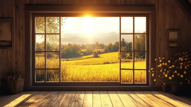 Serene Landscape View Through Large Window at Sunset.