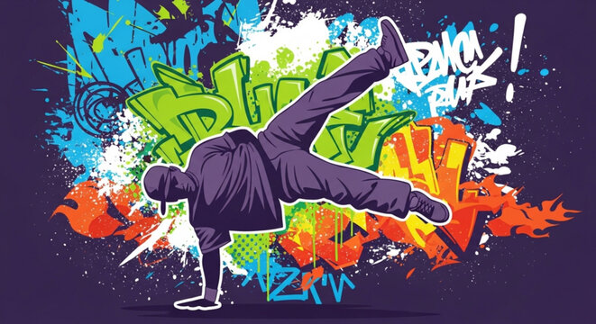 Breakdancer in dynamic motion with vibrant graffiti background urban street art style colorful illustration