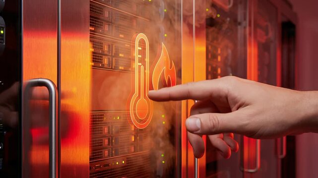 Hand points digital fire thermometer icon server rack indicating risk overheating data center highlighting AI control digital security policy compliance governance finance managing system