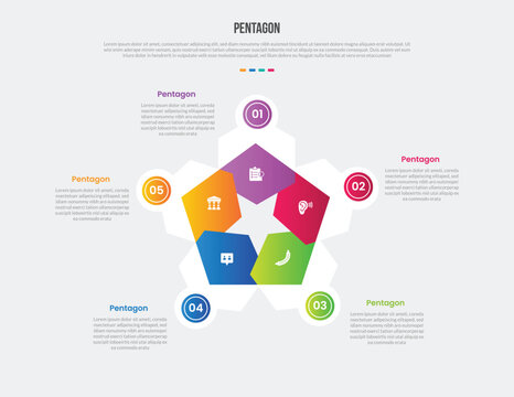 pentagon or pentagonal base shape infographics gradient template diagram with creative folding paper style with circle on edge with 5 point step creative