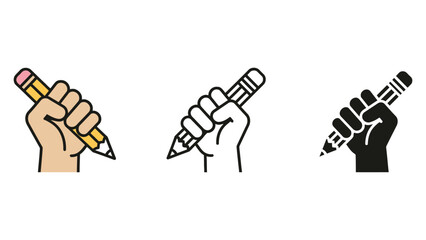Obraz premium A hand holds a pencil in three different artistic styles.