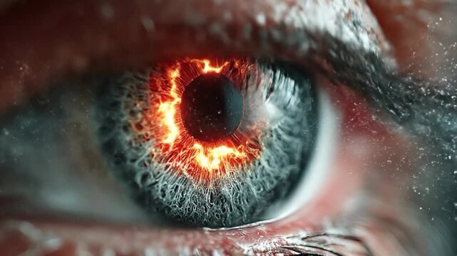 A hyper-detailed macro photograph of a human eye featuring a glowing, fiery orange ring within the iris. The image captures intricate ocular textures and sparkling particles, symbolizing supernatural 