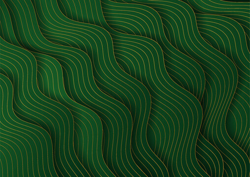 Green geometric abstract background with golden linear waves. Retro art deco vector design