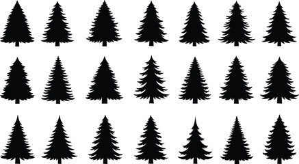 Obraz premium Pine tree silhouettes set, evergreen fir and spruce shapes, forest nature elements, winter and christmas vector illustration isolated