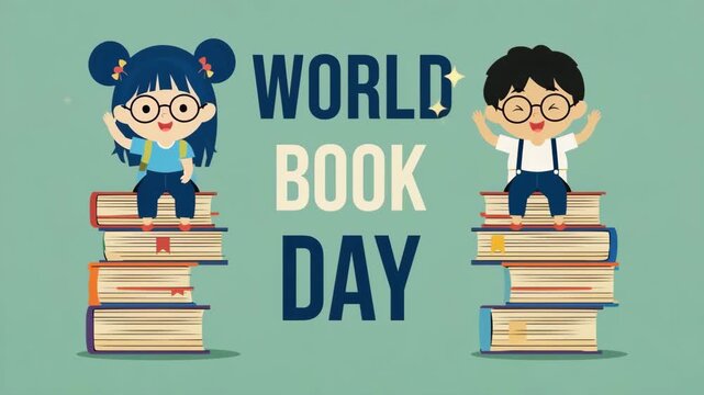 World Book Day Animation Illustration With Cute Kids on Book Stacks, Reading and Education Celebration Motion Loop