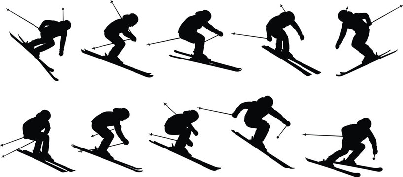 Skier silhouette sequence showing downhill skiing action, winter sports movement poses, dynamic alpine ski jumps isolated on white background