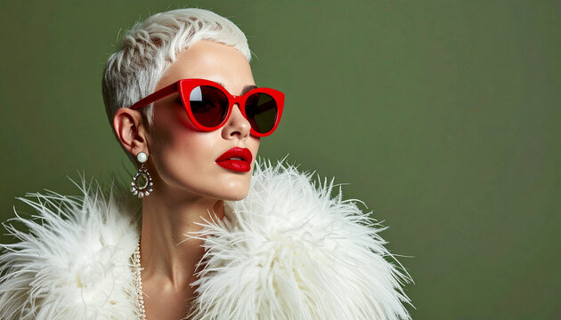Platinum cropped hair bold red sunglasses classic red lips high fashion retro vibe white faux fur coat glamorous elegant confident stylish woman