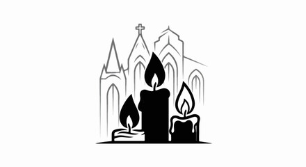 Obraz premium Black candles burn with flames in front of a gray sketched church