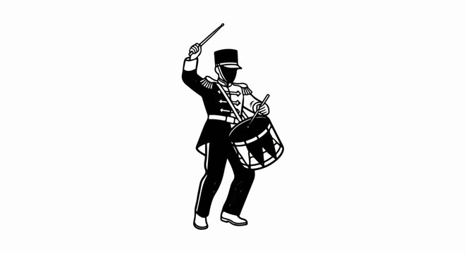 Black and white illustration of a drum major in uniform, playing a drum