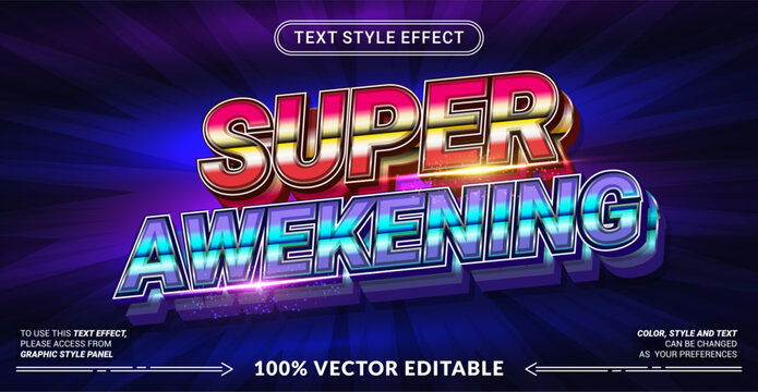 Editable text effect vector &ldquo;Super Awakening&rdquo; features bold 3D heroic lettering with powerful energy, perfect for superhero games, epic battles, and action titles.