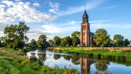 Church reflected in river, nestled amid lush green meadow & scattered trees under a partially cloudy, bright sky