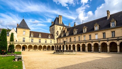 Beige stone building with archways surrounds a sunlit courtyard with a fountain under a blue sky with clouds